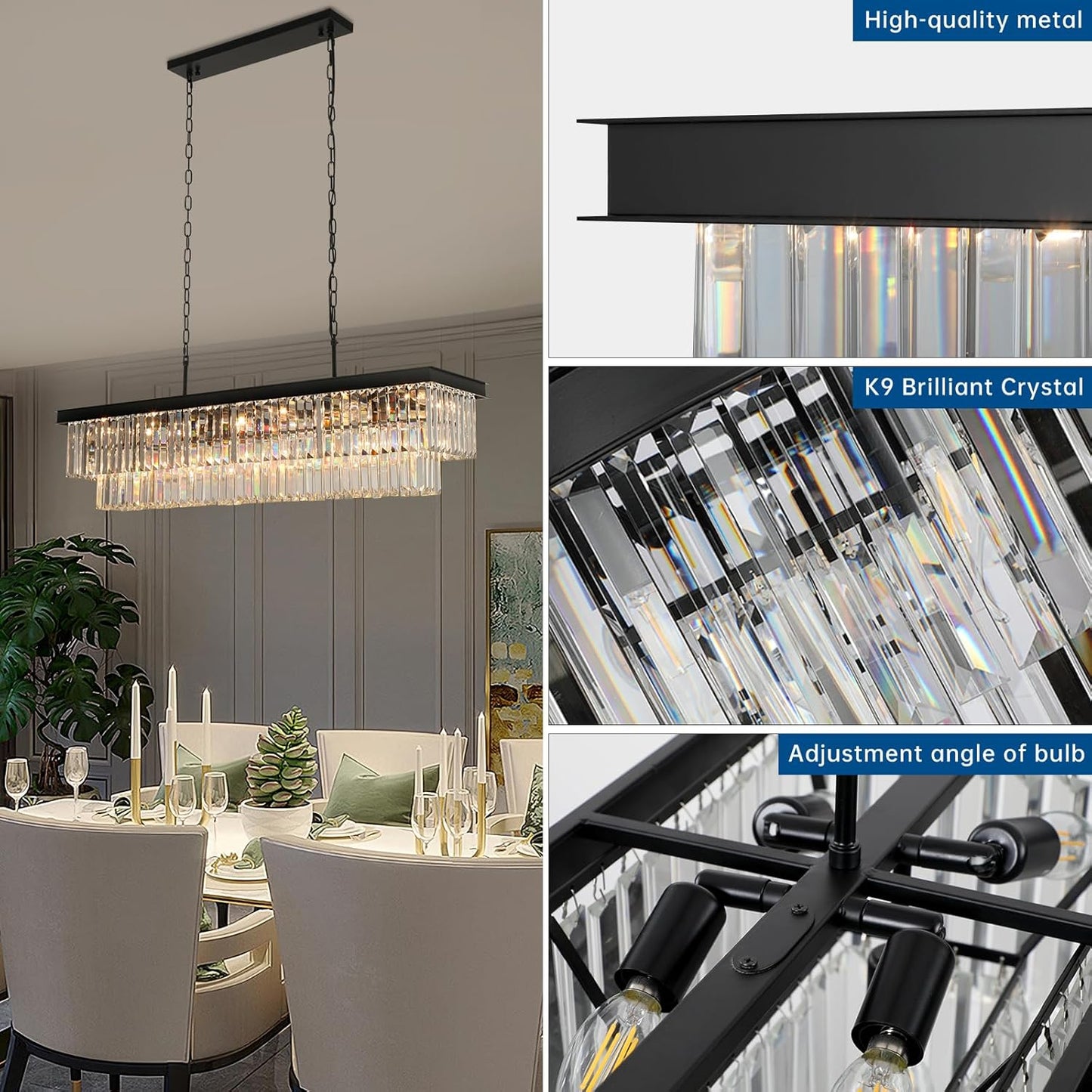 Crystal Chandeliers for Dining Room Light Fixtures Over Table，18-Lights Black Modern Rectangle Chandeliers for Kitchen Island Bar L46 Inch