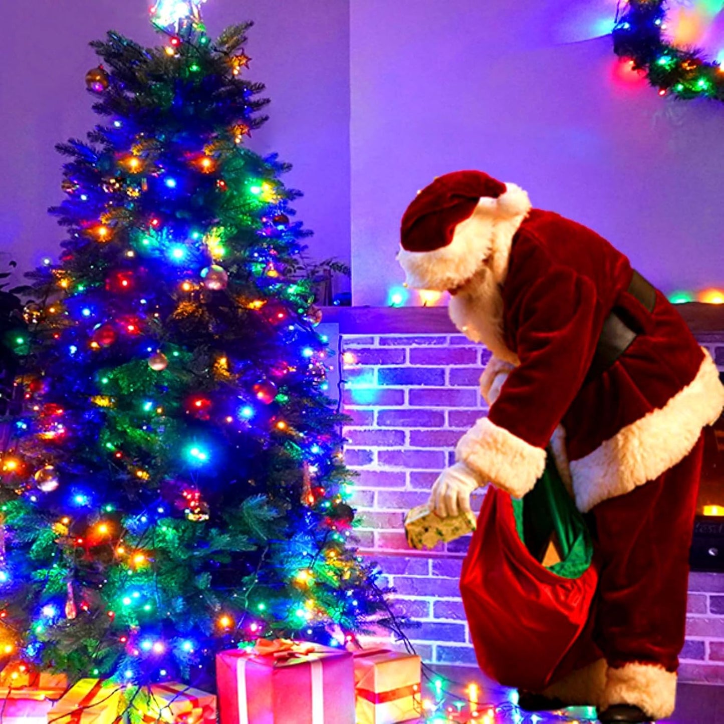 Music Motion Sensor Christmas String Lights 105FT 300 LED，Multicolour Christmas Tree Lights，End to End Plug In 6 Modes Decorative Light, No Timer；Waterproof for Indoor Outdoor Tree Party Decor