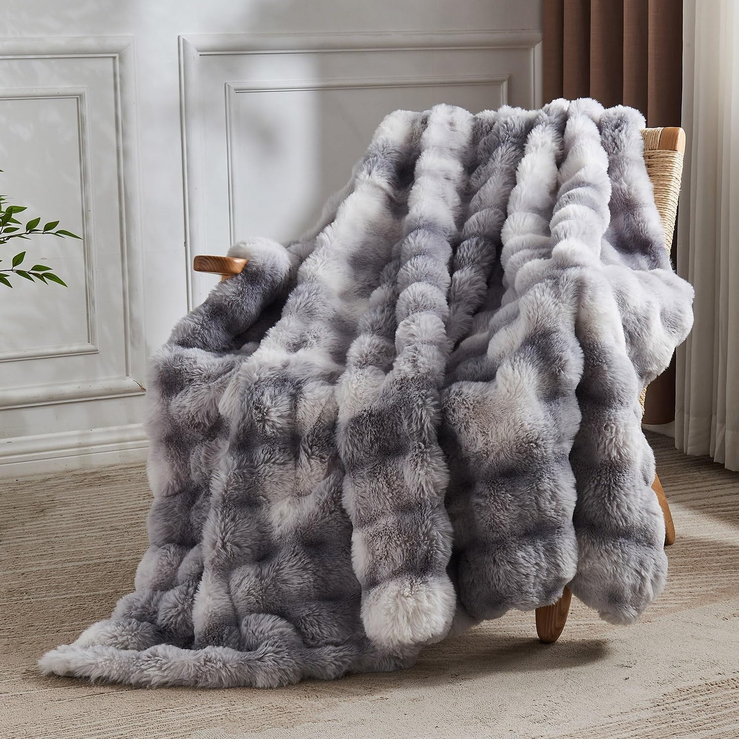 Lotus Karen Faux Fur Blanket Tie-Dye Gray - Big Bubble Rabbit Fluff King Throws for The Bed Large Fluffy Fuzzy Cozy Thick Furry Plush Shaggy Blankets for Men 108x90 Inches