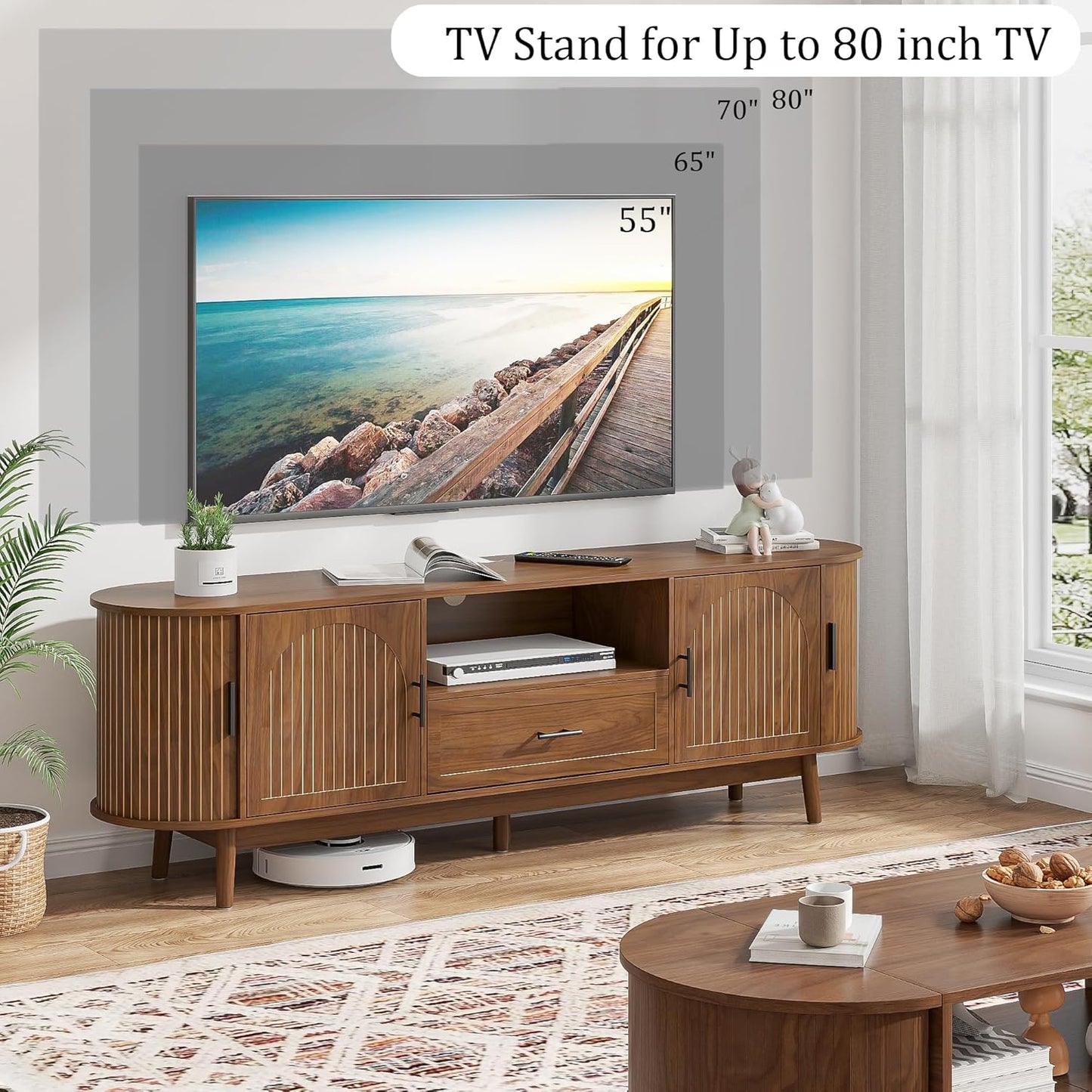 70" Fluted TV Stand for Tvs up to 80", Mid-Century Modern Entertainment Center with Drawers and Fluted Doors, Curved TV Media Console Table with Sliding Doors for Living Room, Bedroom (70")
