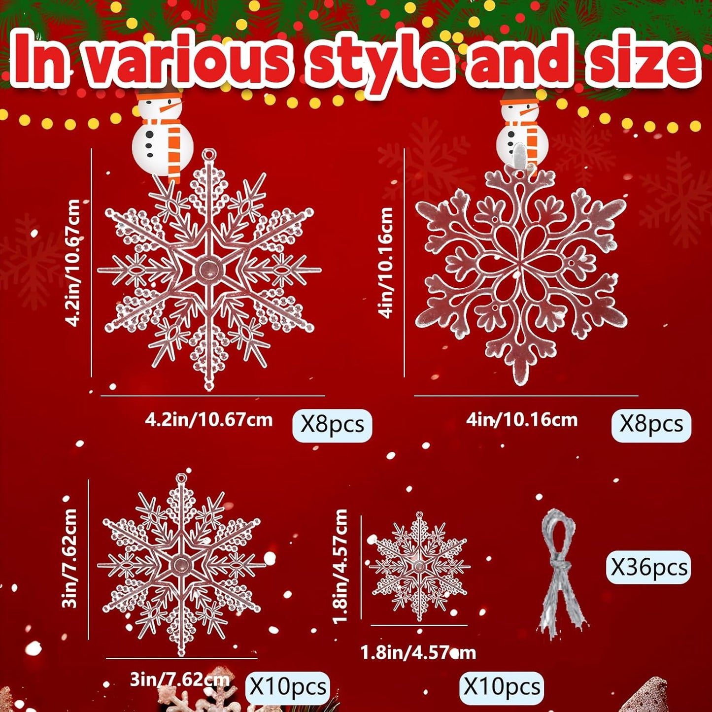 Christmas Tree Decorations Snowflake Ornaments 36Pcs Clear Plastic Hanging Snowflakes from Ceiling Snow Flakes Decorating Hanging for Winter Wonderland Decorations Indoor Outdoor Decor