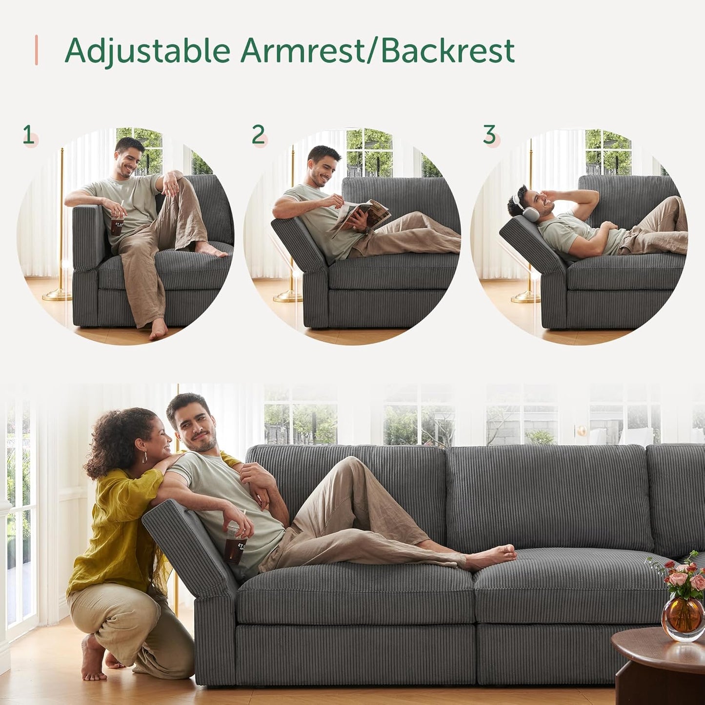 HONBAY Modular Sectional Couches with Storage Corduroy Sleeper Sofa Modular Sectional Couches for Living Room,Dark Grey