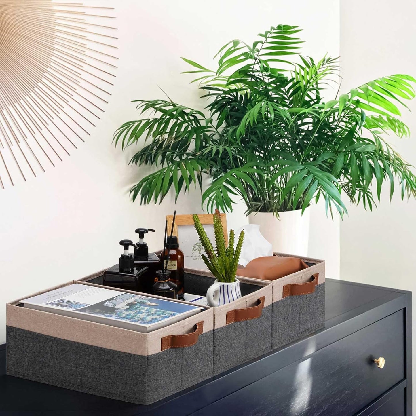 GhvyenntteS Small Fabric Storage Bins 6 Pack, 11.8" x 7.87" x 5.11" Storage Basket with Leather Handles, Closet Storage Bins for Shelves, Storage Baskets for Shelves, DVD Storage (Grey/Beige Yellow)