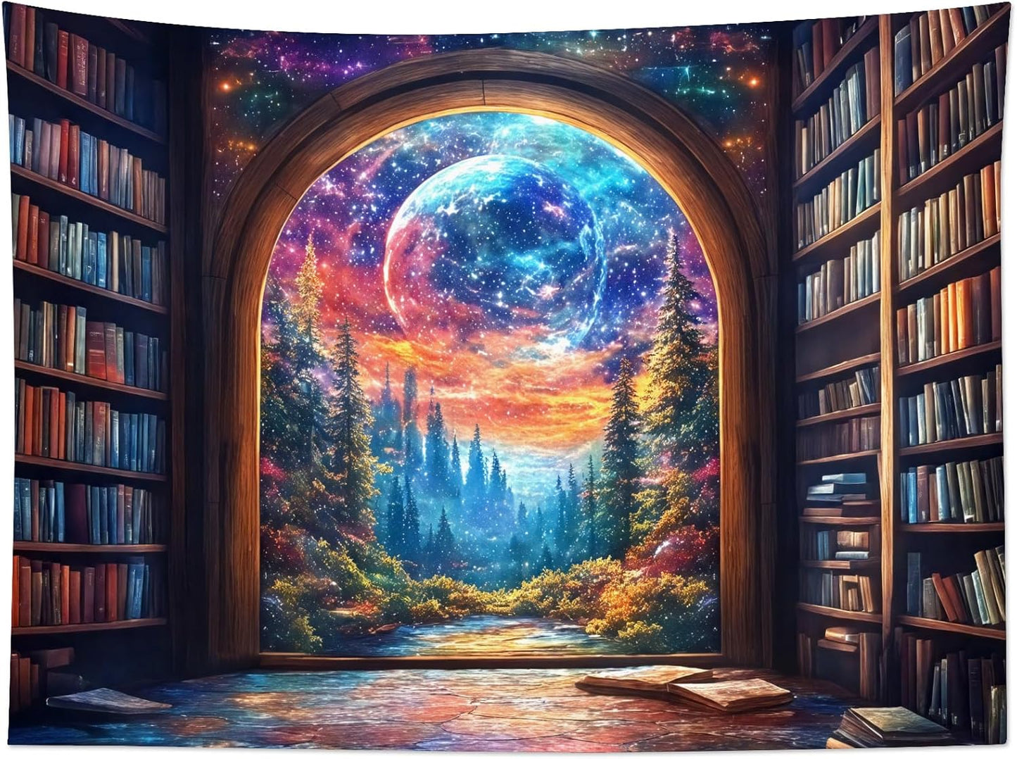 LB Fantasy Bookshelf Moon Tapestry, Trippy Tree and Vintage Library in Forest Wall Tapestry for Bedroom, Galaxy Cool Wall Art for Living Room Dorm Classroom Home Decor Ready to Hanging, 48 x 36 Inches