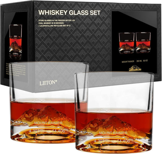 Mount Rainier Heavy Crystal Whiskey Glasses Gift Set of 2, Thick Freezable Bourbon Glass 1lb Each, Premium Whiskey Gifts for Men, Frozen Crystal Chills Cocktails, 10 oz