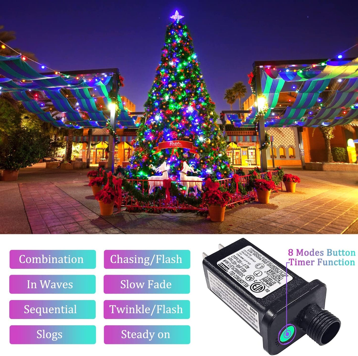 JMEXSUSS 300 LED Christmas Lights Outdoor Waterproof, Multicolor Christmas Tree Lights Plug in, 8 Modes Twinkle Fairy String Lights for Indoor Xmas Wedding Party Garden Decoration