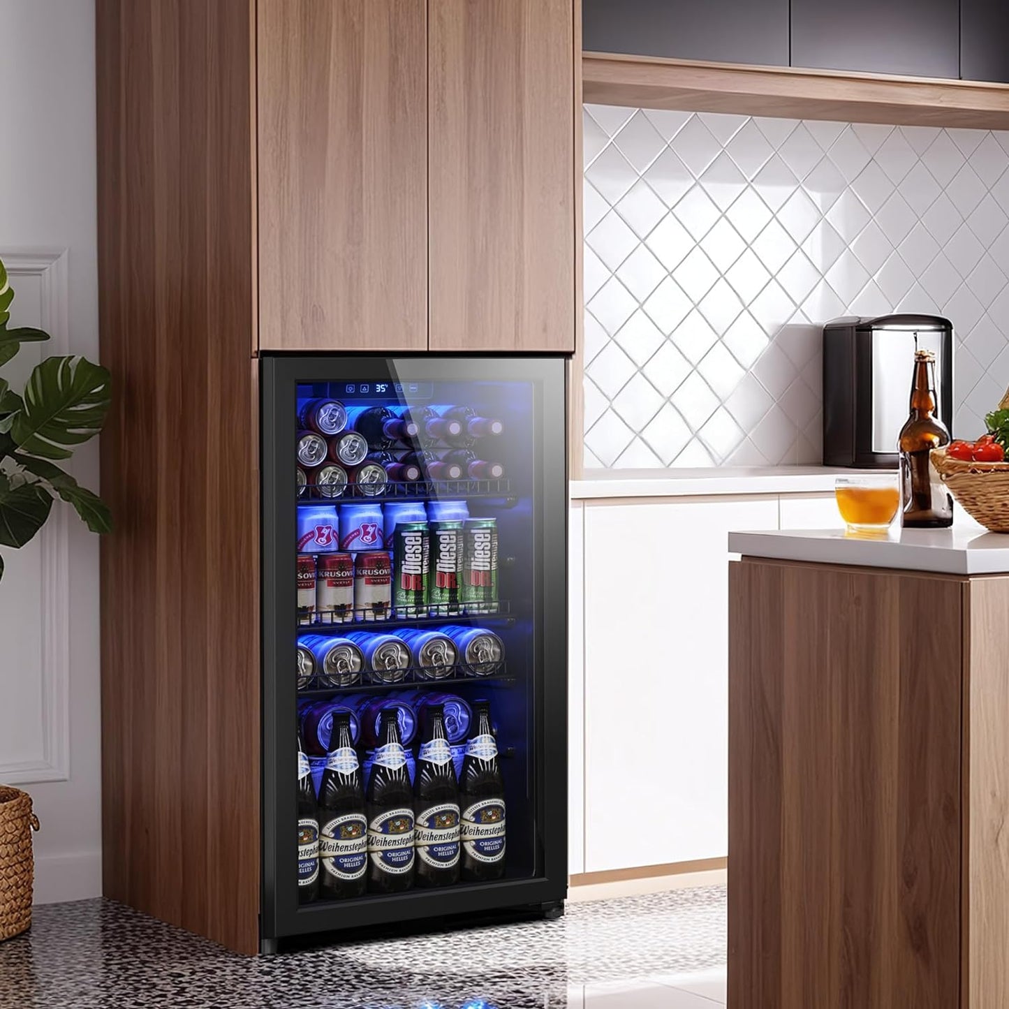 Beverage Fridge, 130 Can Mini Fridge With Glass Door, Beverage Cooler Refrigerator, Wine Drink Beer Cooler, Adjustable Shelves & Digital Temperature Display