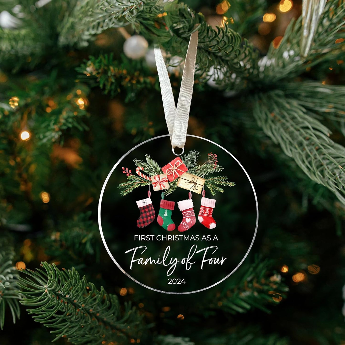 Family Christmas Ornaments 2024 - New Mom and Dad Gifts First Time 2024 - Our First Christmas as a Family of 4 Ornament - Acrylic Ornament 2024