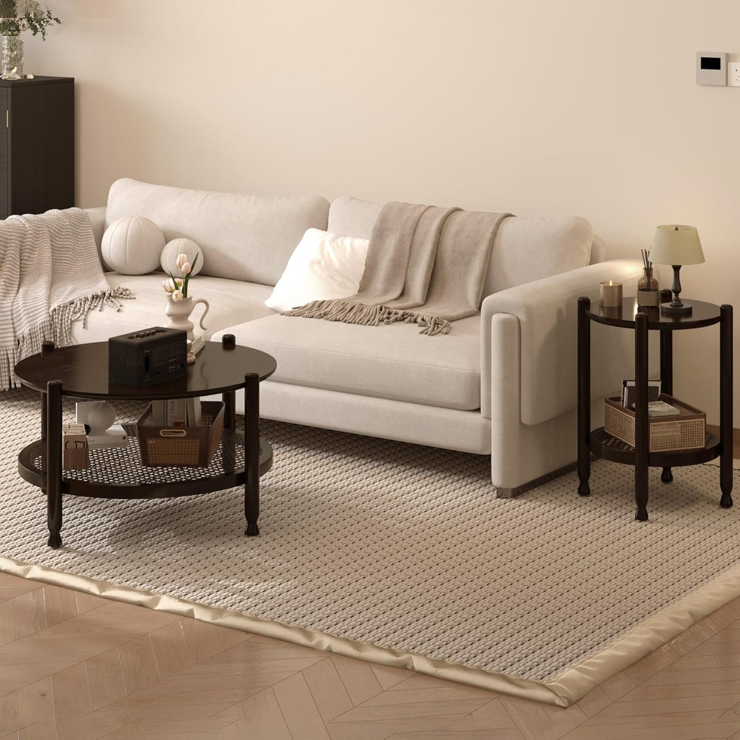 NSdirect Round End Table for Living Room, 2-Tier Rustic Wood Center Table for Home Decor with Boho Woven Rattan Storage Shelf | Modern Farmhouse Design, Easy Assembly, Black Brown