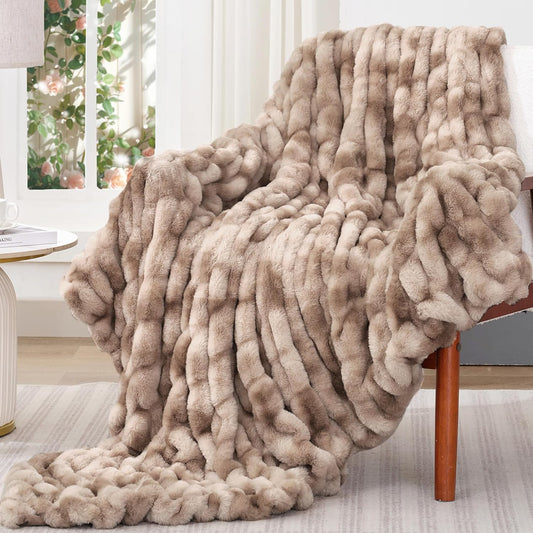 Touchat Ruched Faux Rabbit Fur Throw Blanket, 700 GSM Luxury Dual-Sided Soft Cozy Blanket, Fuzzy Fluffy Plush Blanket for Bed, Couch and Sofa - 50"x60", Tie-dye Brown