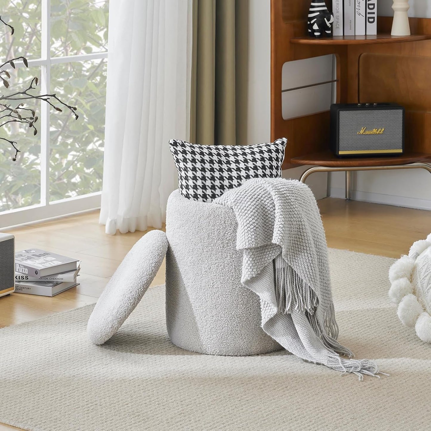 YFO Round Ottoman with Removable Lid Upholstered, Multifunctional Vanity Chairs for Makeup, Soft Footrest Stool Ottoman Foot Stool for Living Room, Bedroom, Boucle, Grey