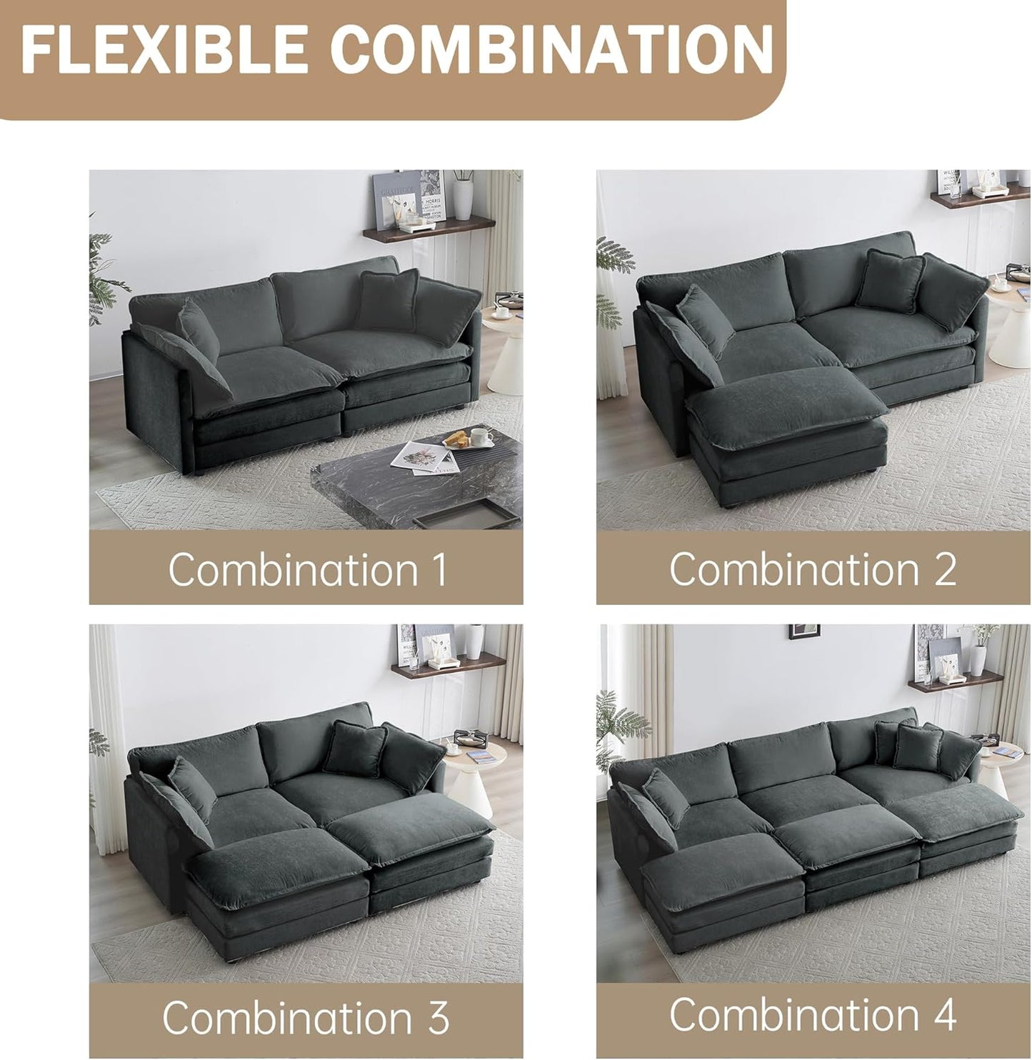 Sectional Sofa 2 Seater with Movable 1 Ottoman,Oversized Modular Couch Deep Seat (Grey, 76.7 inch-L)