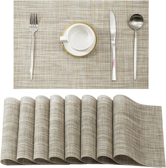 Leetaltree Linen Yellow Placemats Set of 8 - Heat Resistant Non-Slip Place mats for Dining Table, Washable Durable PVC Vinyl Woven Table Mats（Linen Yellow, 8）