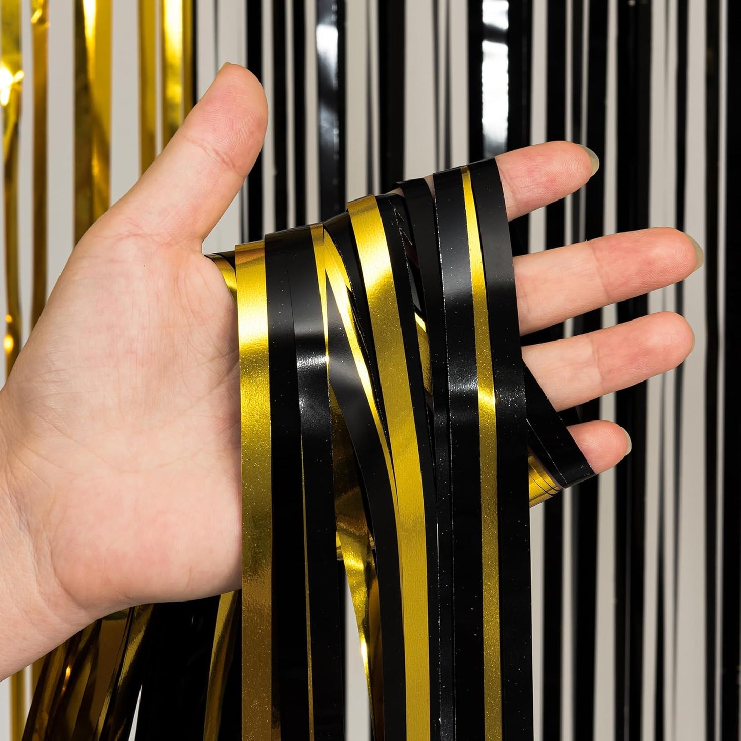 Black and Gold Party Streamers Decoration - GREATRIL Foil Fringe Backdrop for 2025 NYE/Anniversary/Farewell/Cocktail/Prom/EID/Birthdays - 3.2ft X 8.2ft - 2 Packs