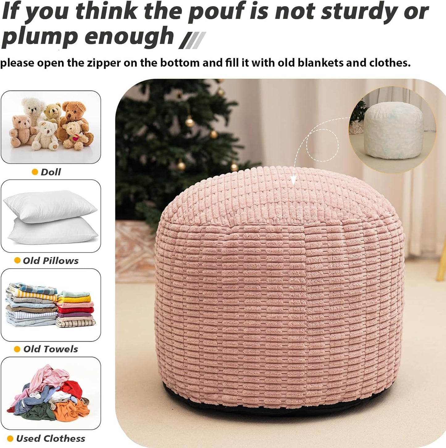 Round Stuffed Pouf Ottoman for Foot Rest, Storage Ottoman Pouf Foot Stool Cushion, Faux Fur Poufs with Foam Chunk Filling, 26 X 18 Inch Floor Chair for Living Room Bedroom Home Decor, Pink