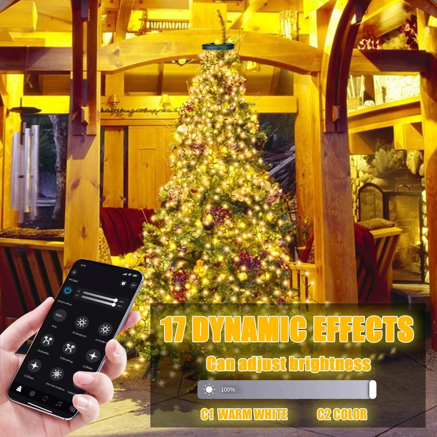 Smart Christmas Tree Lights with Ring, APP Control Music Sync 6.56Ft x 16 Lines String 400 LED Indoor Outdoor with DIY scenarios 17 Modes Multicolor Timing for Christmas Tree Decorations