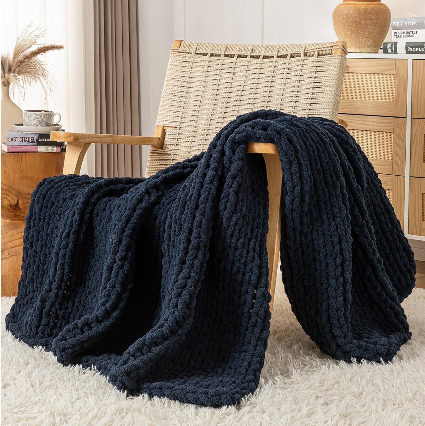Chunky Knit Blanket Throw, 100% Hand Knit Throw Blanket Handmade Chenille Cable Knit Throw for Couch, Stylish Cozy Soft Rope Knot Crochet Blanket for Home Decor, Navy Blue, 50x60 Inches