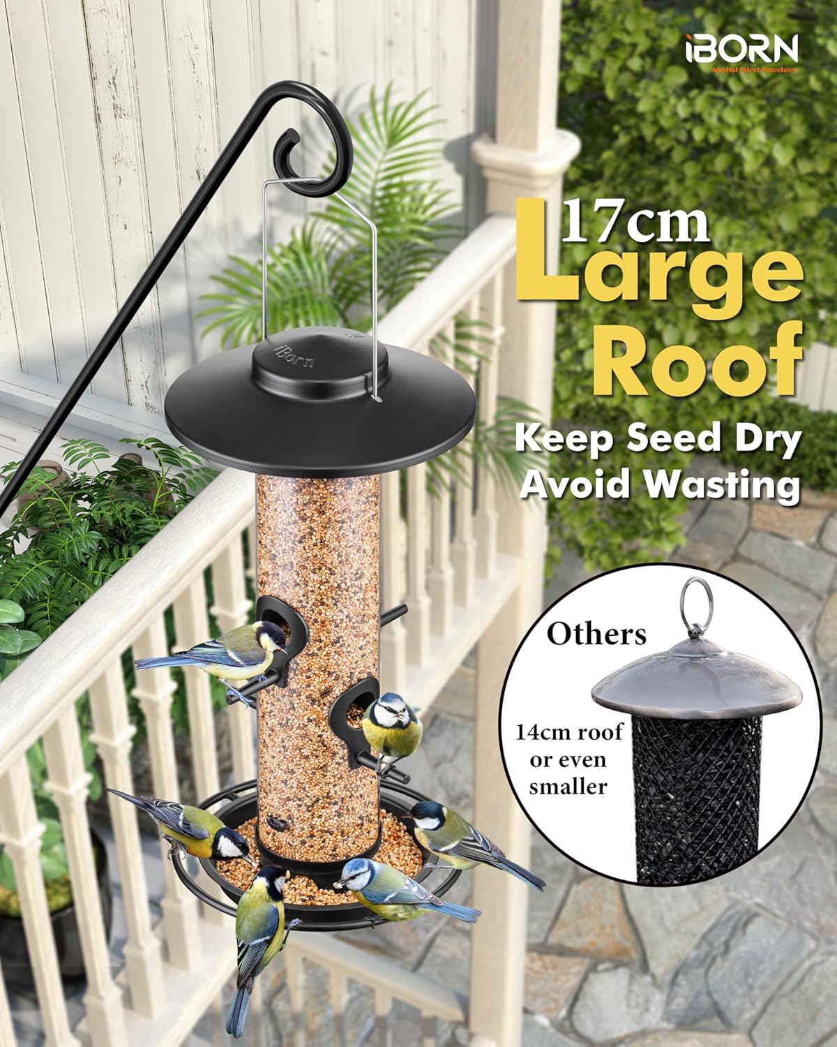 iBorn Metal Bird Feeders for Outdoors, 2LB Bird Seed Feeder 17cm Large Roof &Tray, 4 Feeding Ports, Black Finish