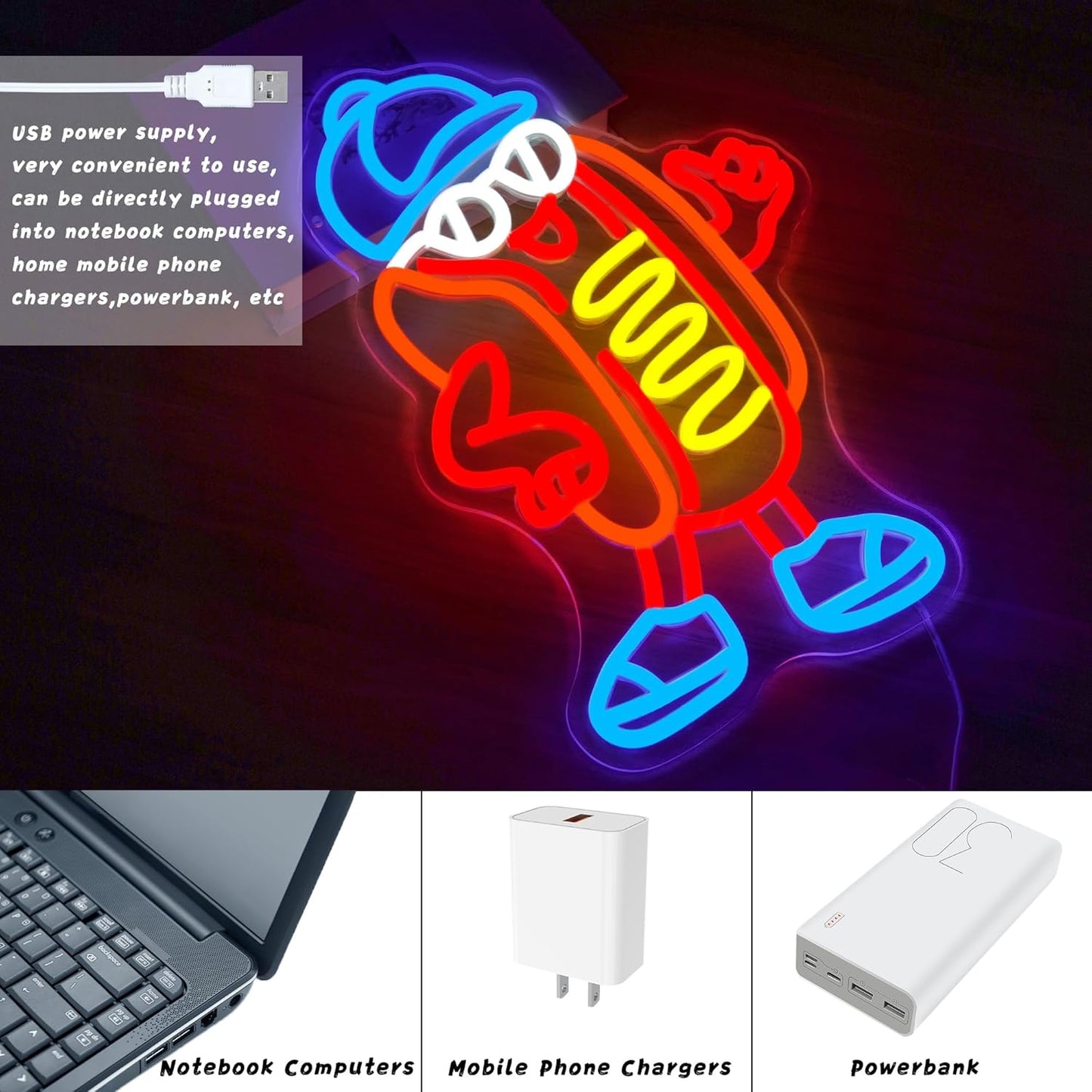 Hot Dog Neon Sign Dimable Cool Hot Dogs Neon Signs Funny Hot Dog Party Themed Light Decor for Restaurants Bars Game Rooms Vibrant LED Lighting Gifts for Fast Food Enthusiasts (15×9.8inch)