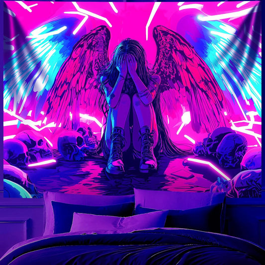 Blacklight Tapestry,WingTapestry Glow In The Dark,UV Reactive Black Light Upright Posters Wall Hanging for Bedroom Dorm Living Room Backdrop Decor (wing5, 90L" x 70W")