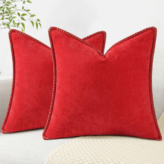 decorUhome Chenille Soft Throw Pillow Covers 18x18 Set of 2, Farmhouse Velvet Neutral Decorative Euro Pillow Covers with Stitched Edge for Couch Sofa Bed Home Decor, Red