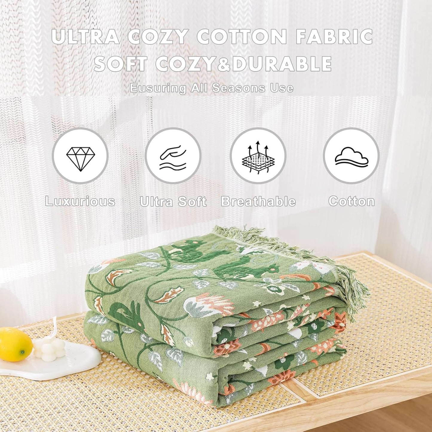 MSGKV Cotton Bed Blanket for Couch and Sofa Blankets for Living Room Bedroom Reversable Florals and Animals Throw 90"x98" Breathable Cozy Boho Blankets