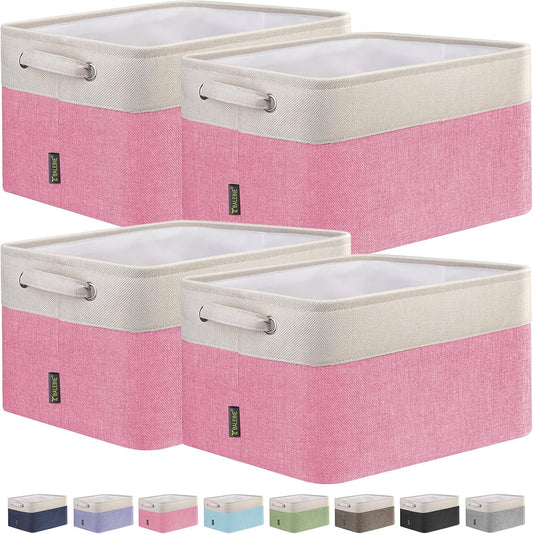 BALEINE 4 Pack Fabric Storage Bins for Shelves, Linen Storage Baskets for Organizing, Decorative Closet Bins for Clothes, Home (Pink, 12"x8"x8")