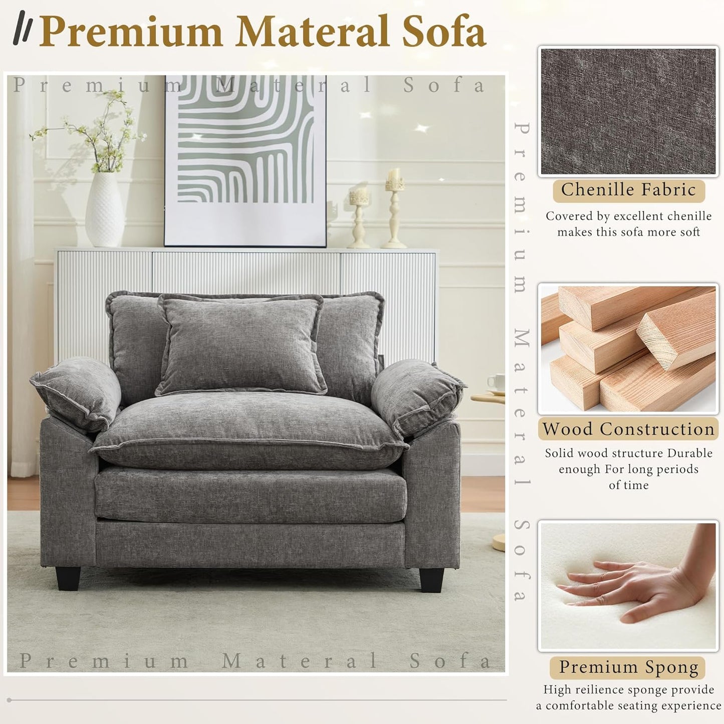 URRED Modular Sectional Sofa Comfy Cloud Couch, Modern Chenille Sofa Sleeper Deep Seat Couches with Ottoman/Pillows for Living Room (Gray, 53'')