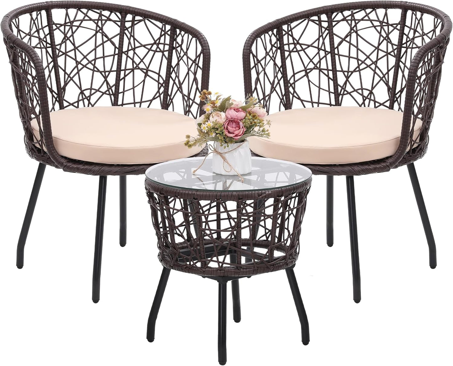 Kromax 3 Piece Bistro Set, Modern Outdoor Wicker Patio Furniture with Tempered Glass Table Top and 2 Chairs, Washable Cushions, Brown Rattan and Begie Cushion