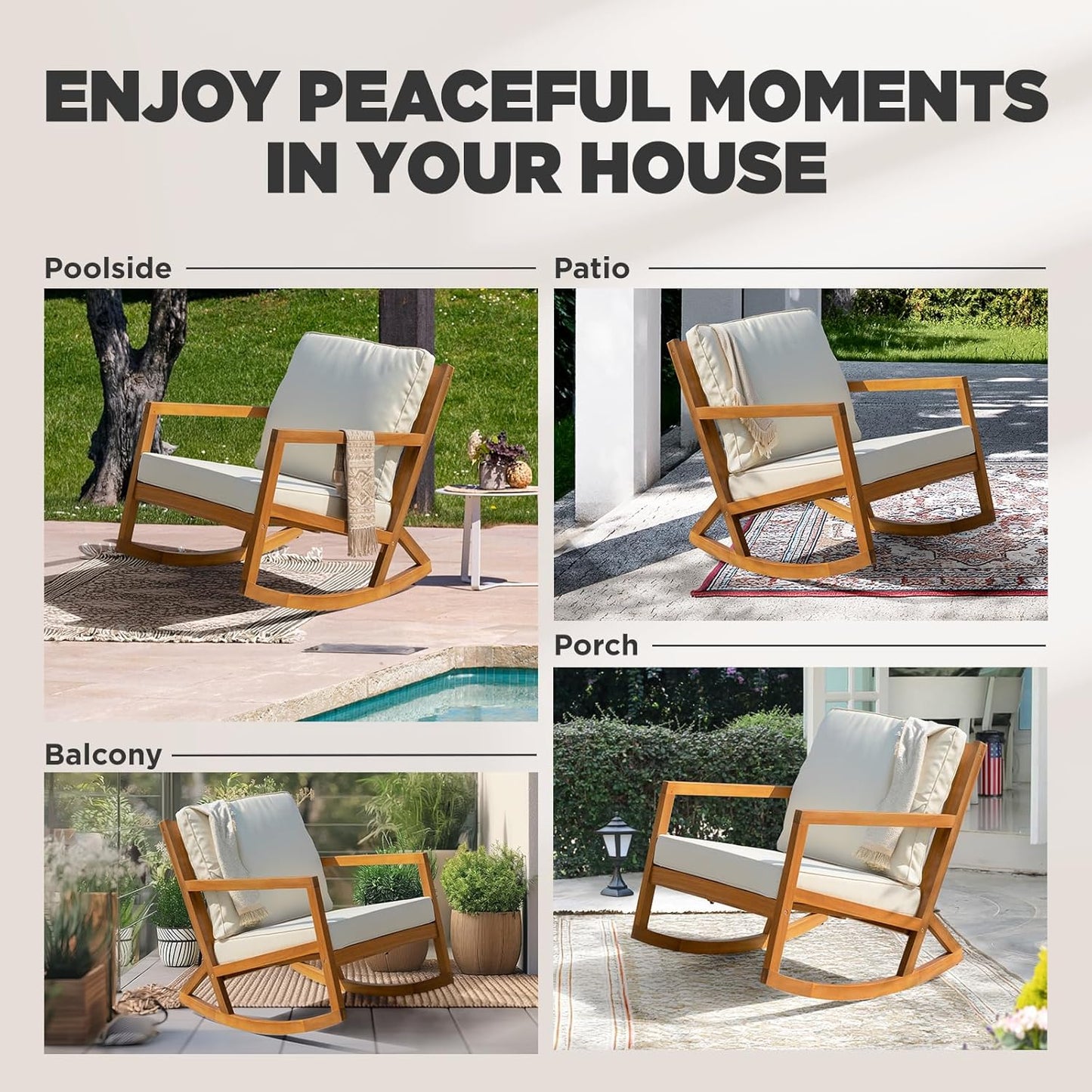 IDZO Club Rocking Chair 500lbs Capacity with Inclined Backrest, Thick Foam Cushion, Solid Acacia Wood Rocker for Patio, Backyard, Balcony, Porch