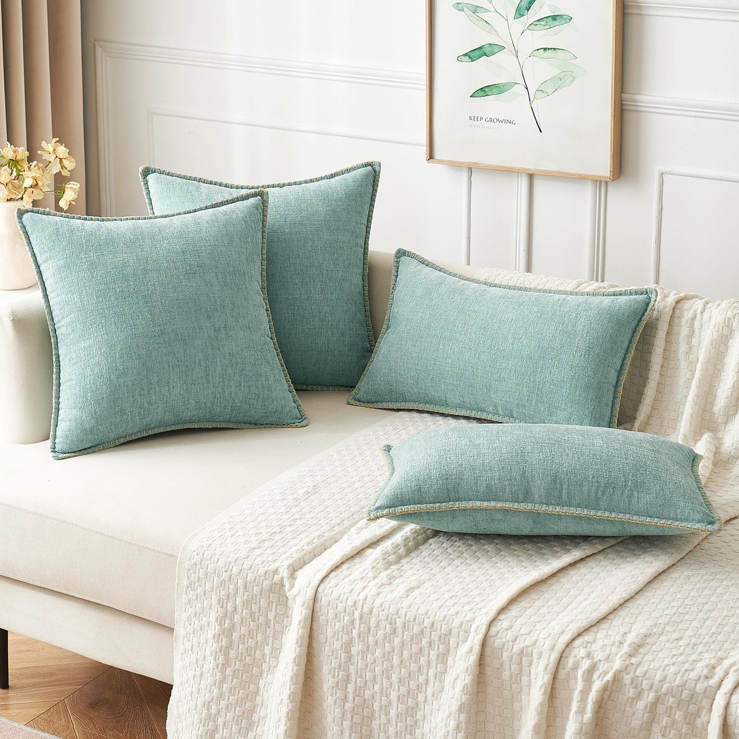 MIULEE Pack of 2 Couch Throw Pillow Covers 18x18 Inch Aqua Green Farmhouse Decorative Pillow Covers with Stitched Edge Soft Chenille Solid Dyed Spring Pillow Covers for Sofa Bed Living Room