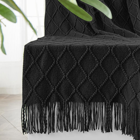 inhand Knitted Throw Blankets for Couch and Bed, Soft Cozy Knit Blanket with Tassel, Black Lightweight Decorative Blankets and Throws, Farmhouse Warm Woven Blanket for Men and Women, 60"x80"
