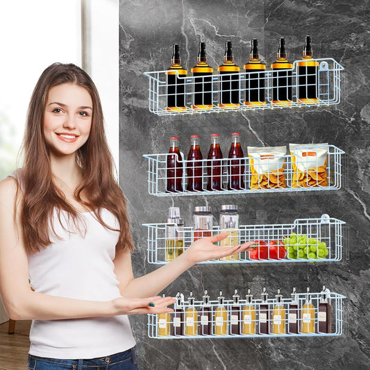 Spice Rack, 4-Pack Seasoning Organizer Wall Mount for Kitchen Storage Organization, Metal Spice Holder Shelf Saving Space for Cabinet, RV, Pantry, Blue