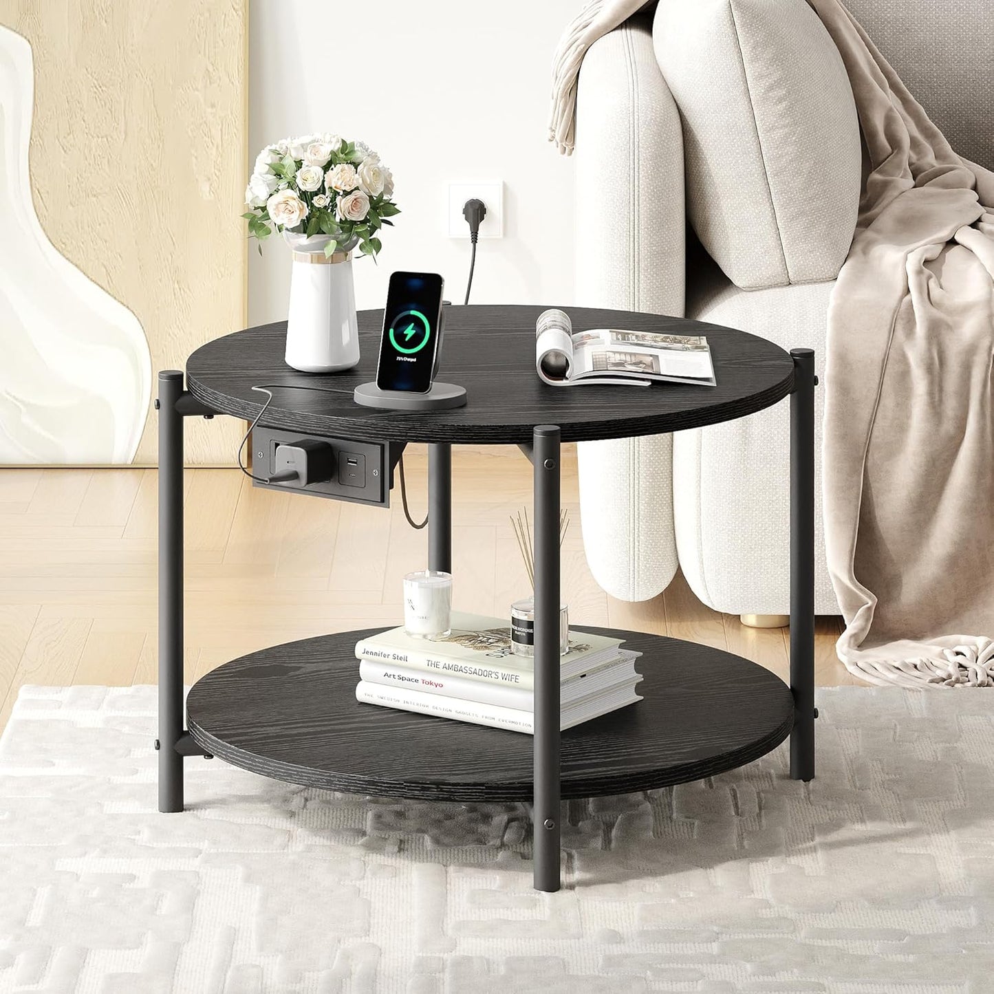 LIKIMIO Side Table, 23.6" W Round End Table with Charging Station, Modern Wooden Nightstand for Small Spaces, Living Room, Bedroom