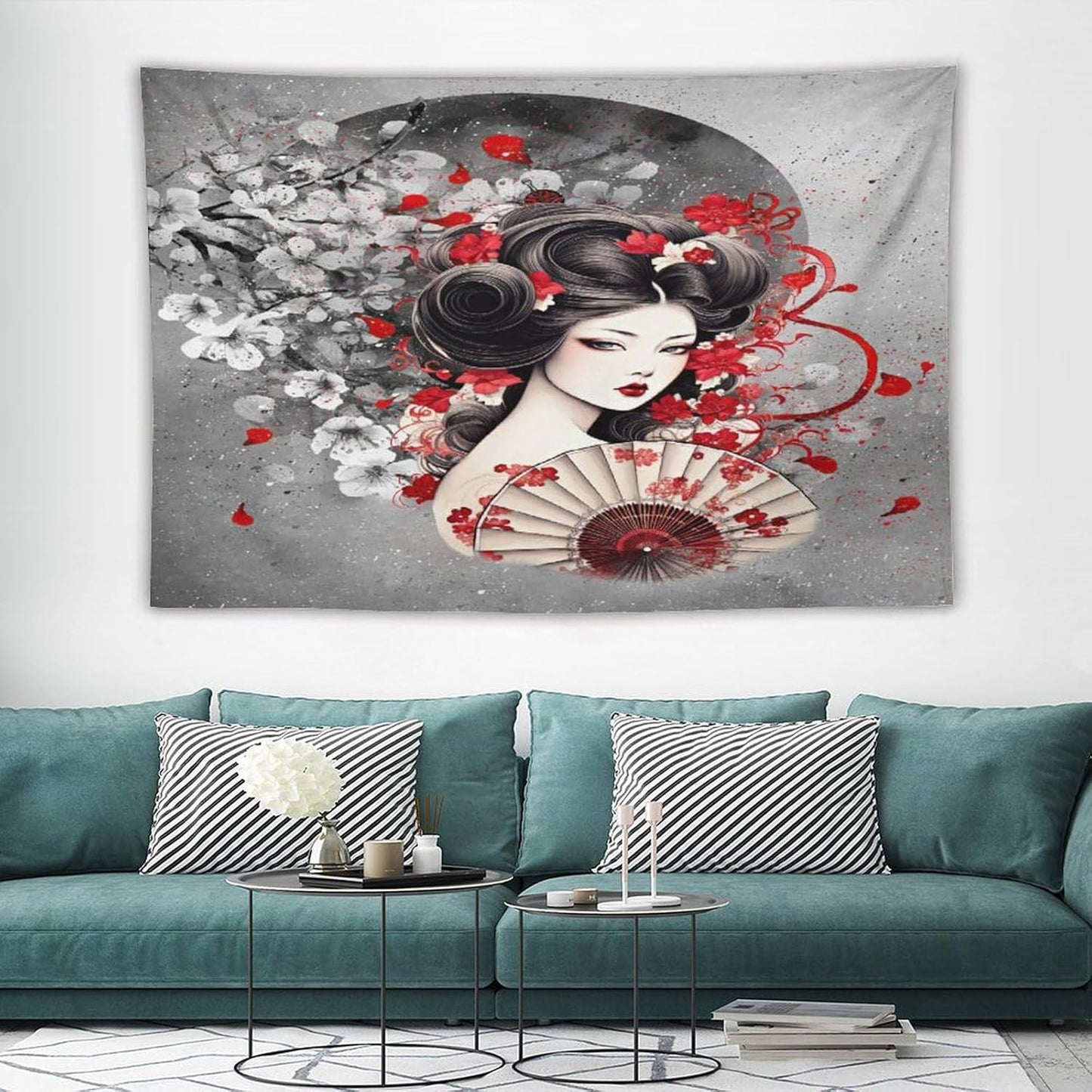 Japanese Geisha Tapestry Asian Red Cherry Blossom Red Sun Traditional Kimono Folk Tapestries Home Decor for Living Room Bedroom Apartment Farmhouse Dorm 60"x40"