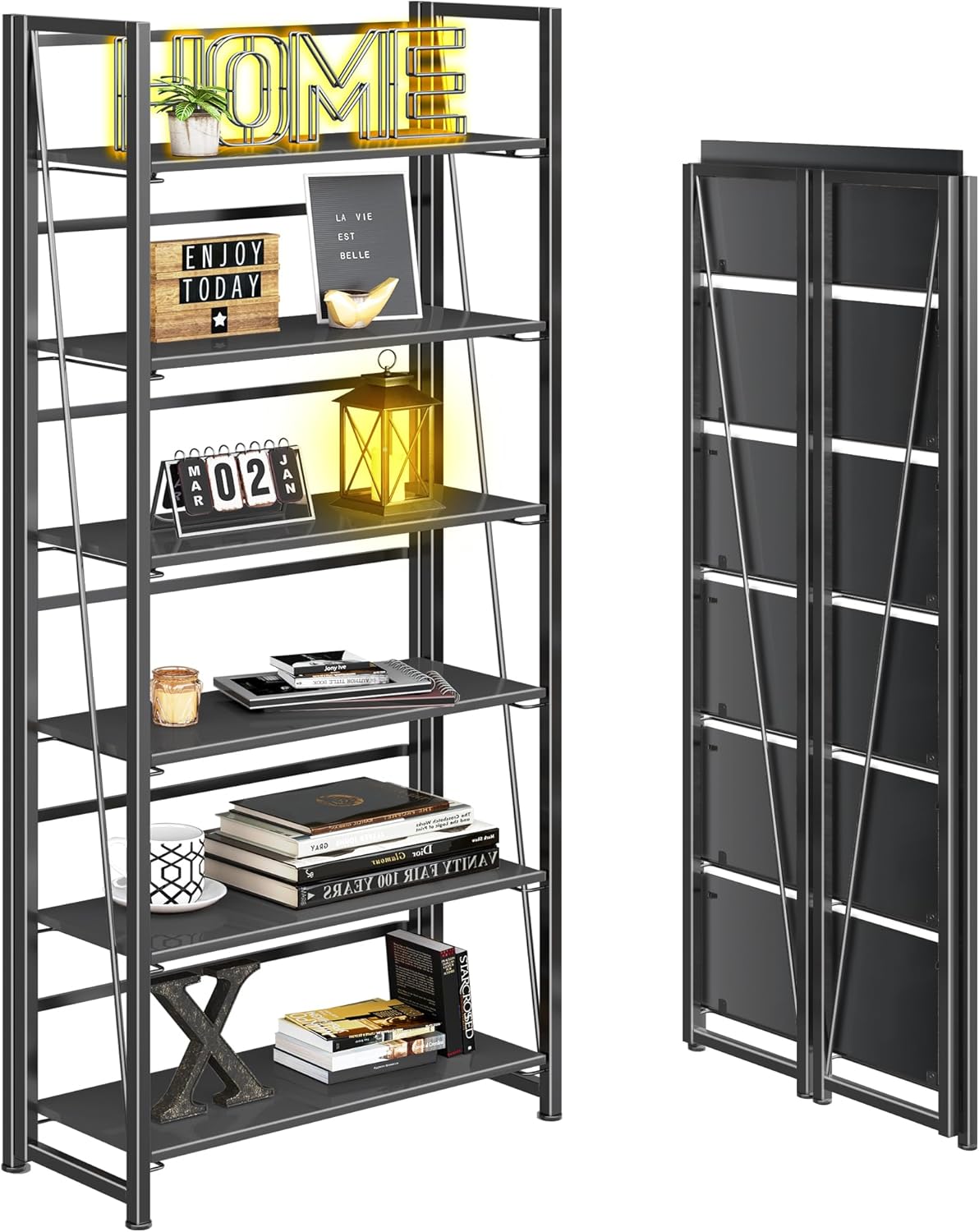 4NM No Assembly Foldable Bookshelf, 6-Shelf Collapsible Bookcase Storage for Small Spaces, 74" H, All Black