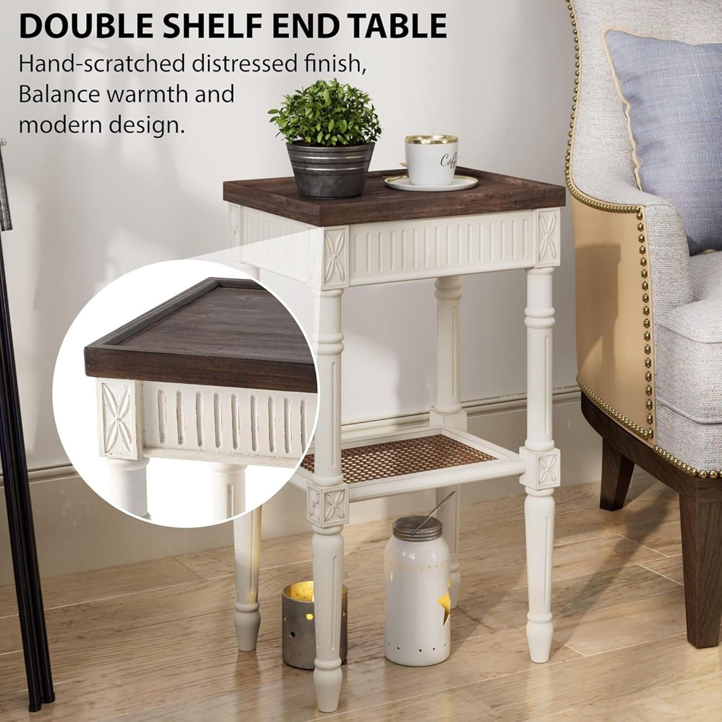 Rustic Farmhouse Cottagecore Accent End Table, Distressed Accent Side Table with Espresso Tray Top and Woven Wicker Shelf, Boho, French Country Decor, Square, Weathered Brown & White