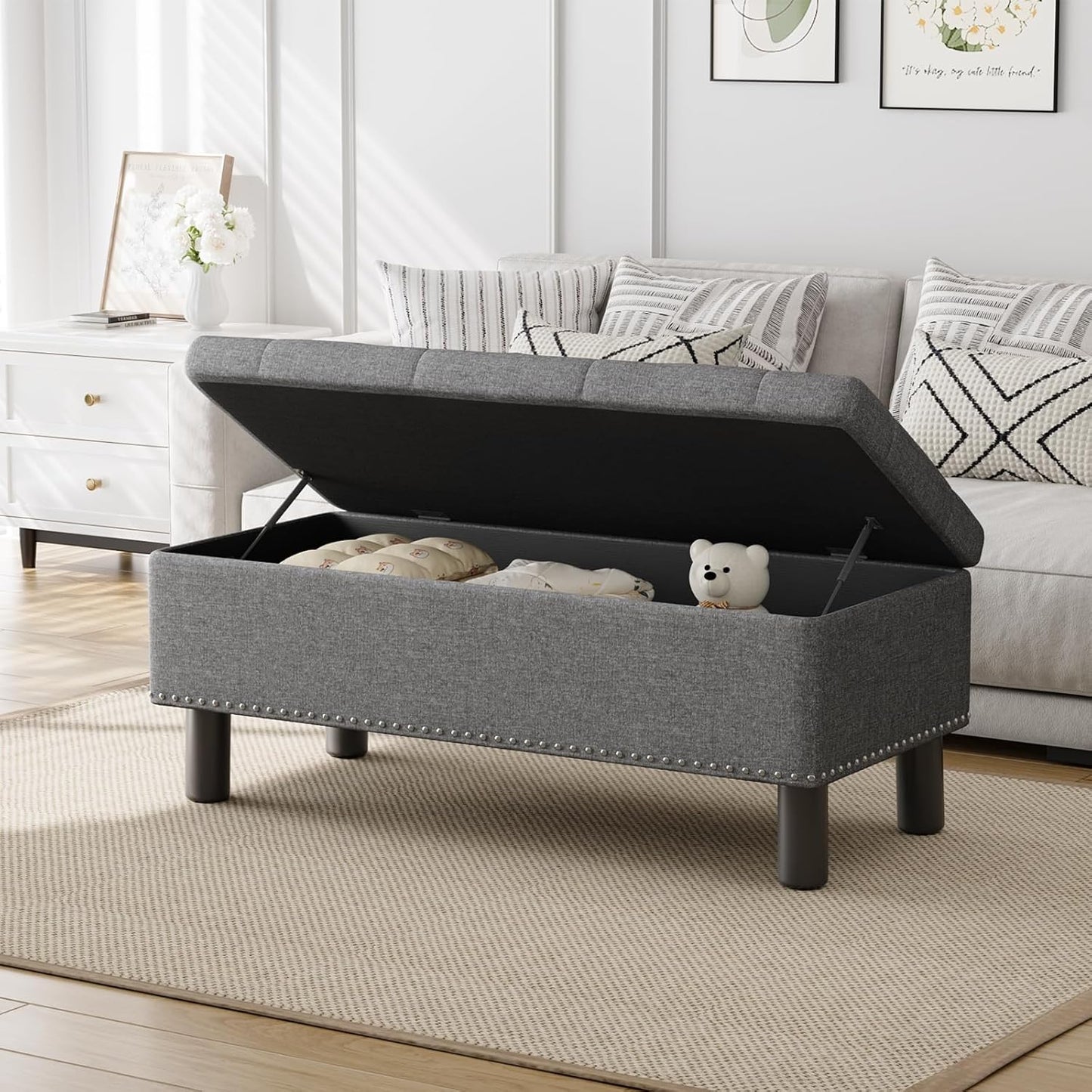 Furniliving Ottoman Bench with Storage, Folding Storage Ottoman Bench with Wood Legs, Upholstered Bedroom Bench with Button-Tufted, Entryway Bench Storage Bench for Bedroom, Linen (Darkgrey)