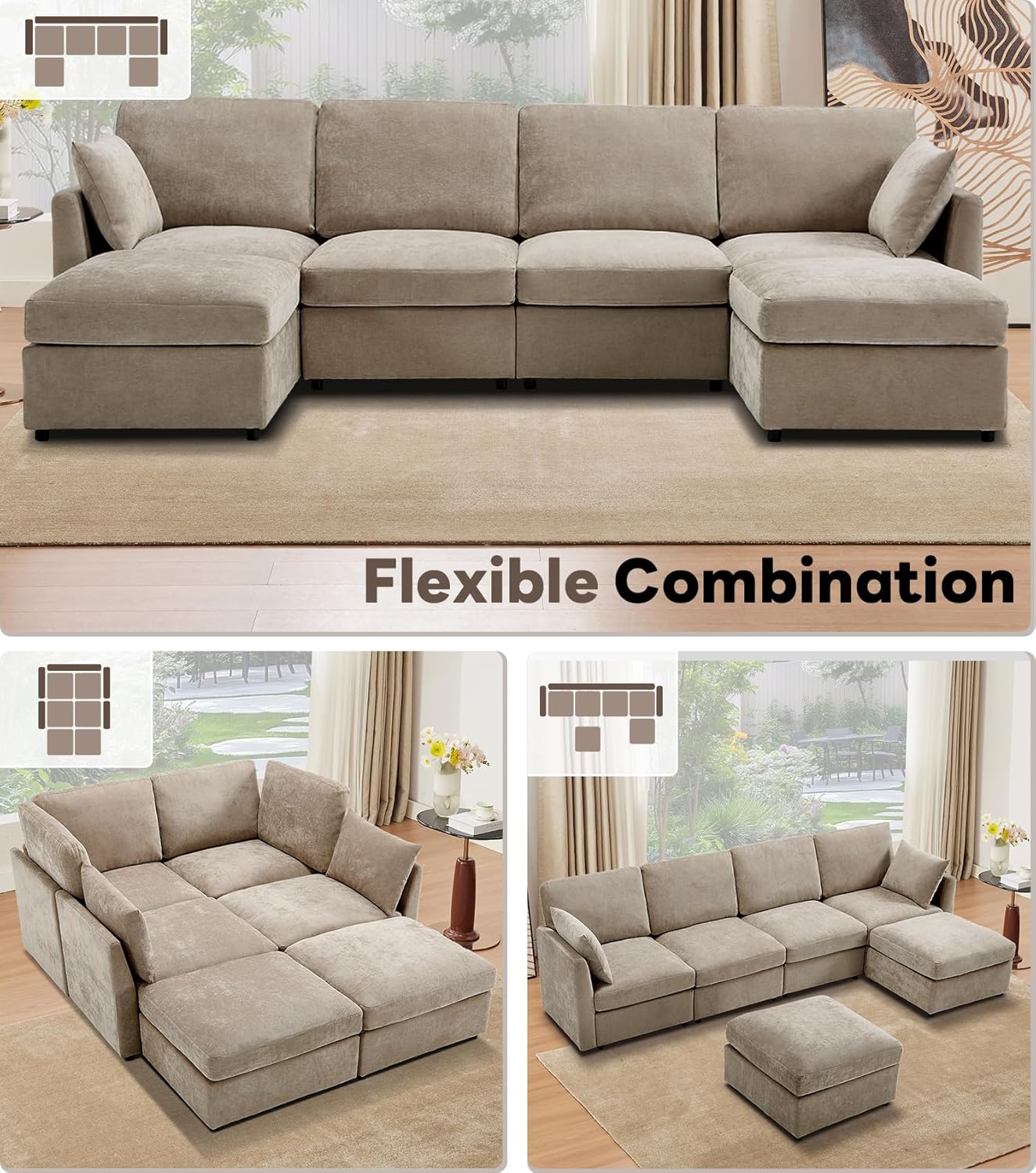 Tbfit U Shaped Couch, Sectional Sofa for Living Room,Chenille Cloud Couch with Ottoman 6 Seat, Khaki
