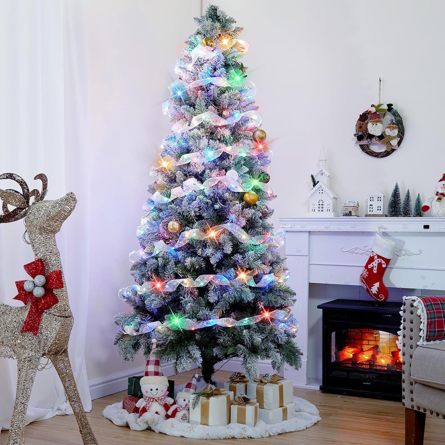 2 Pack Christmas Tree Ribbon String Lights - 33ft 100 LED Battery Powered Fairy Lights with Timer and 8 Lighting Modes, Ribbon Bows Light for 6ft - 8ft Christmas Tree Decor, Silver Ribbon, Multi-color