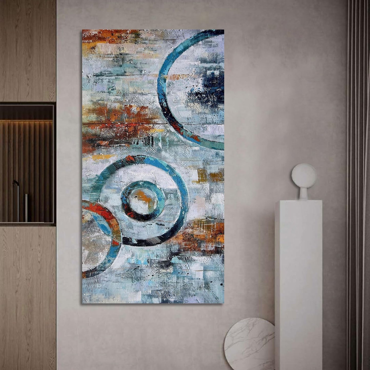 Arjun Abstract Wall Art Geometric Canvas Circle Block Painting Modern Grey Brown Picture, Large Size Simple Artwork Ready to Hang Framed for Bedroom Living Room Bathroom Home Office Wall Décor 40"x20"