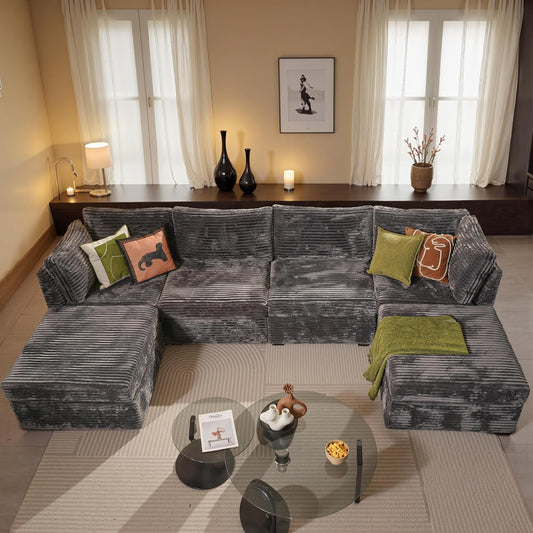 HOOOWOOO Modular Sectional Sofa,6 Pieces Sectional Couches for Living Room,131X66 L Shaped Cloud Couch with Ottoman Chaise Set(Grey Velvet Corduroy)