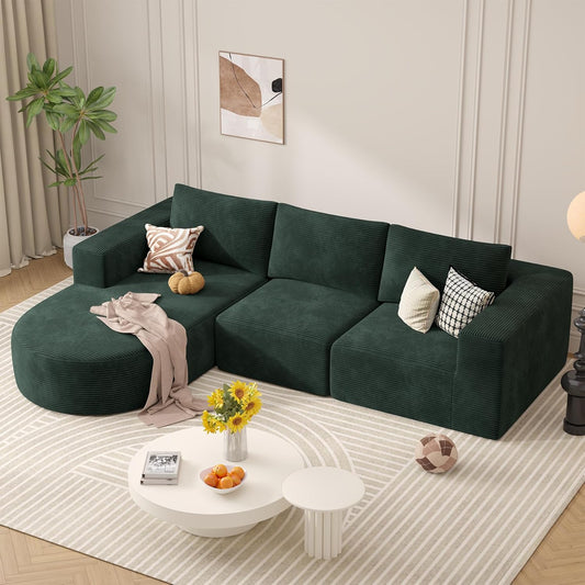 Modular Sectional Sofa with L-Shape Chaise,Cloud Sectional Modern Sleeper Couch with Deep Seat,Sponge Compression Sofas No Assembly Required (Green-Corduroy Fabric) 1PCS