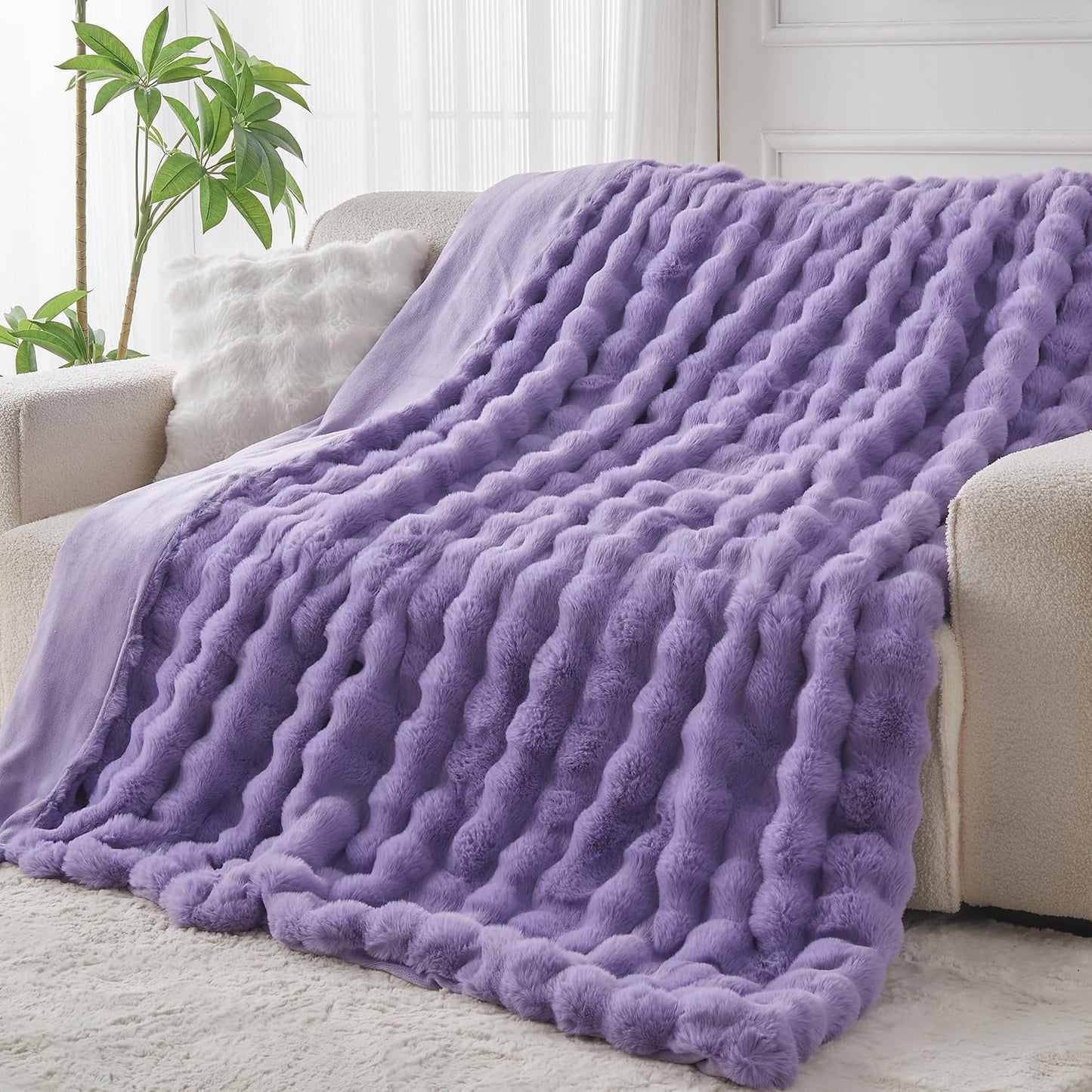 Lotus Karen Faux Fur Throw Blanket Purple - Big Bubble Rabbit Fluff Blanket for Couch Bed Sofa,Softest Fluffy Fuzzy Cozy Blanket,Thick Furry Plush Shaggy Warm Blankets for Women,60x80 Inches