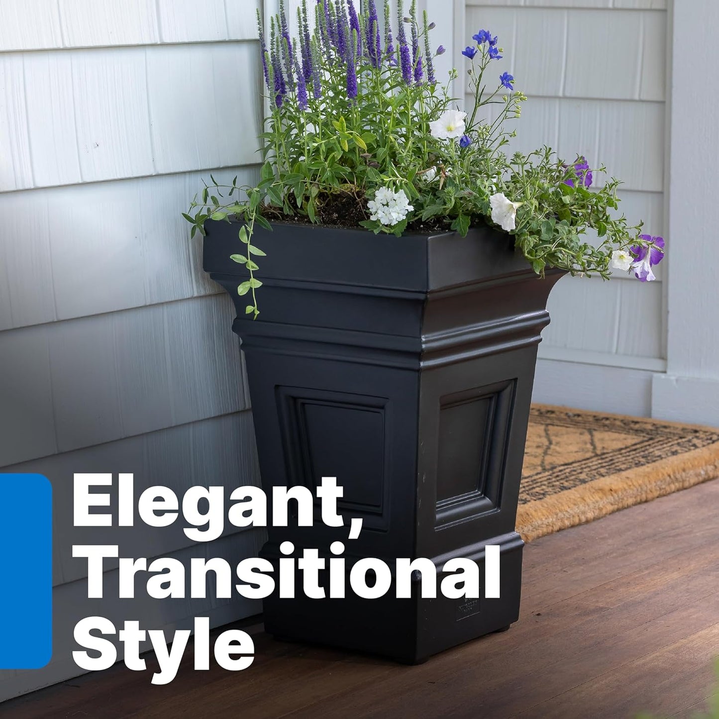 Step2 Atherton Square Planter, Large Planters for Outdoor Plants, Gardening and Flower Pot for Patio or Porch, Efficient Drainage, Durable Plastic, Onyx Black