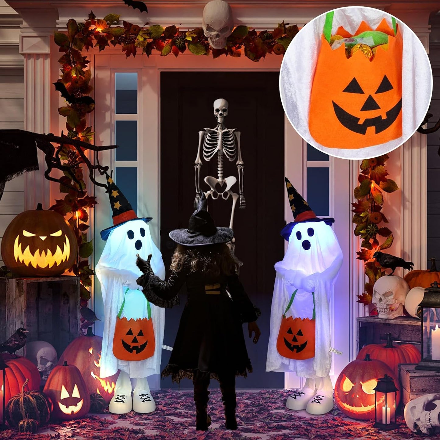 Halloween Decorations Ghost Decor Light-Up Color-Changing Spooky Ghost Porch Decorations Trick or Treater with Candy Pocket, Ghost Halloween Decor for Yard Lawn Home Indoor Outdoor 1PACK 38" H