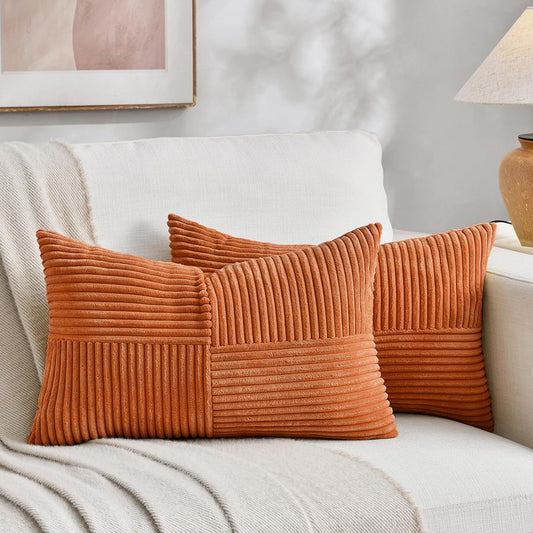 Fancy Homi 2 Packs Orange Long Lumbar Decorative Throw Pillow Covers 16x24 Inch for Couch Bed Sofa, Rustic Farmhouse Boho Home Decor, Soft Striped Corduroy Rectangle Accent Cushion Case 40x60 cm