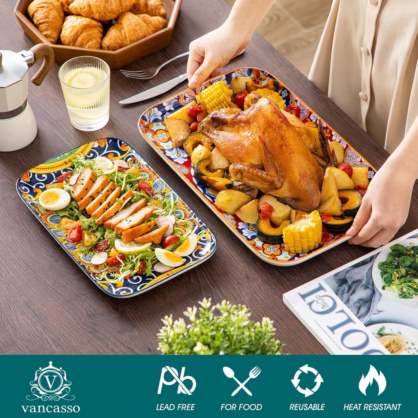 vancasso Serving Platters Set of 3, 16"/14"/12" Inch Rectangular Trays - Serving Platter Extra Large, Bohemian Ceramic Serving Dish for Entertaining Food, Microwave & Dishwasher Safe, Colorful