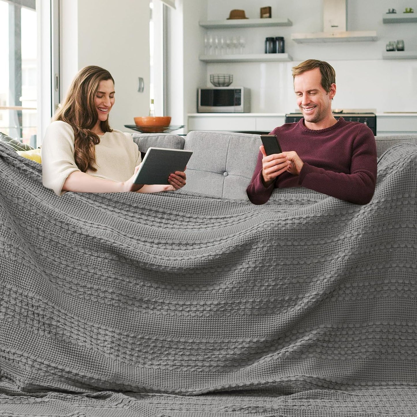 PHF 100% Cotton Waffle Blanket Oversized King 120"x120", Lightweight Breathable Extra Large 10'x10' Summer Blankets for Bed, Giant Big Luxury Aesthetic Woven Bedding for Home Decor, Dark Grey