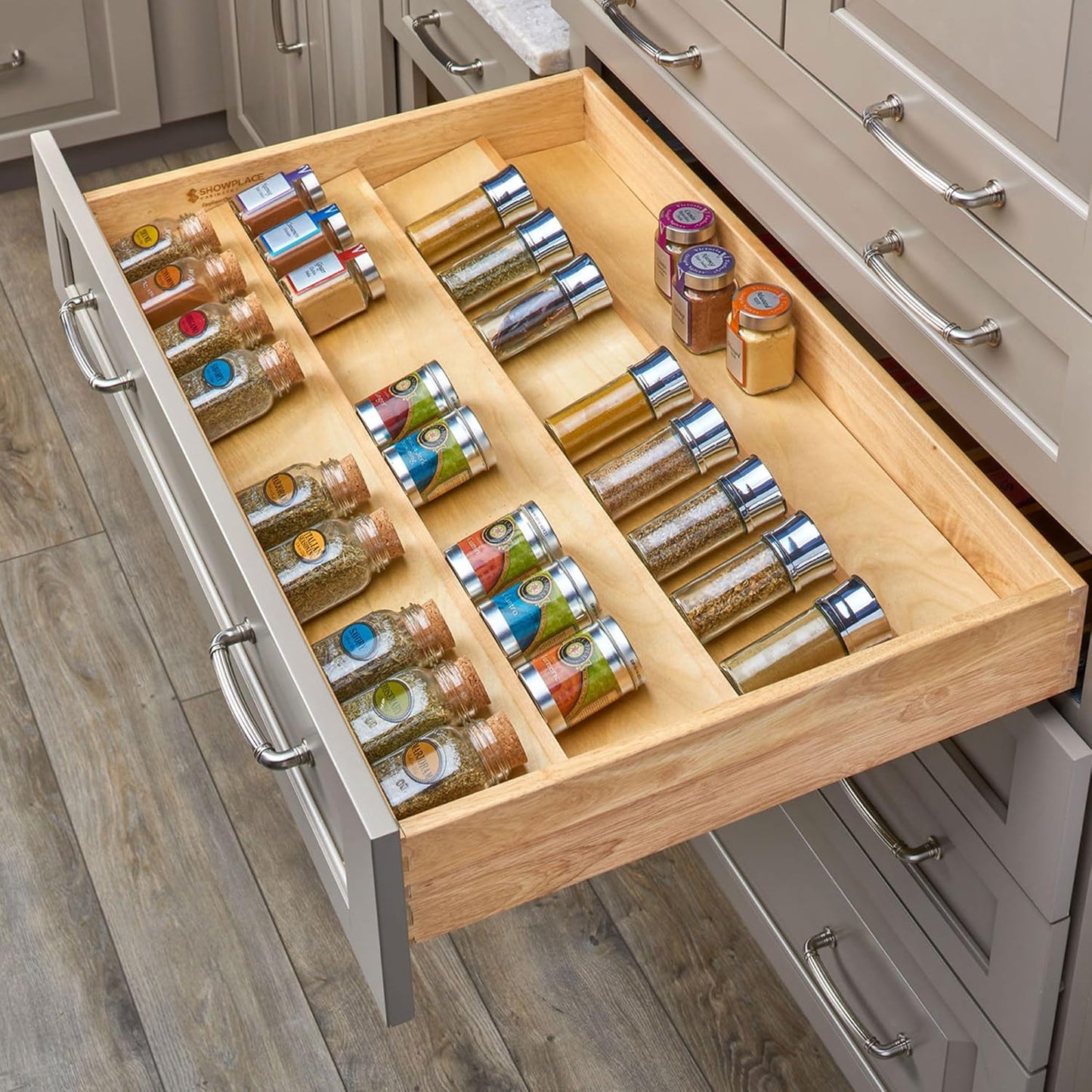 Rev-A-Shelf 3 Tiered Seasoning Organizer for Wooden Kitchen Drawers, Pull Out Spice Rack, 19.75 x 33.15 x 1.74 In, Maple, 4SDI-36-1